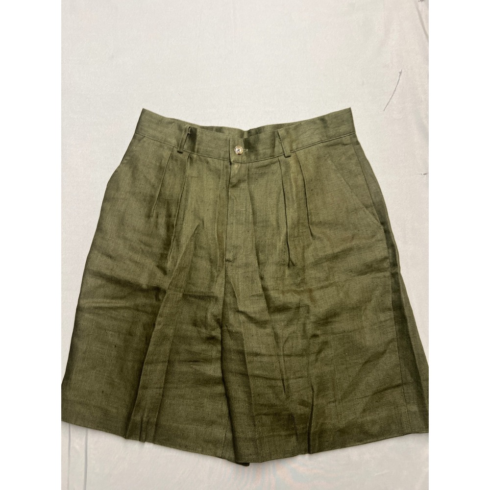 Classiques Entier Olive Green 100% Linen Pleated Lined Shorts Womens 14 Vintage